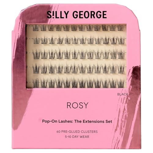 Silly George Pop-On Lashes - DIY 1-Step Pre-Glued Faux Eyelash Clusters Natural Look Extensions Black - Rosy 5-7 Pair Set Pack of 60 Clusters