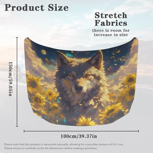 Image of Sunflower Wolf Print Car Hood Cover Protector, 59x39 Inch Car Hood Flag Waterproof Automotive Exterior Accessories for Auto Hood Decoration and Protection