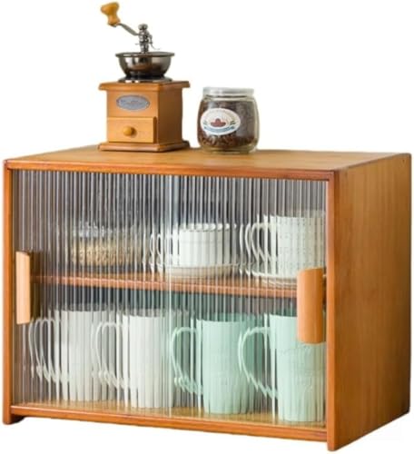 Barino ウォーターカップ収納ボックス ミニ卓上収納食器棚 竹製 キッチンカウンター カップボード 防塵 引き戸 防湿 防虫 大容量 キッチンキャビネット 調味料 お茶碗 小物入れ収納 ひとり暮らし用 簡単組立省スペース (仕切り付き45x28x34c