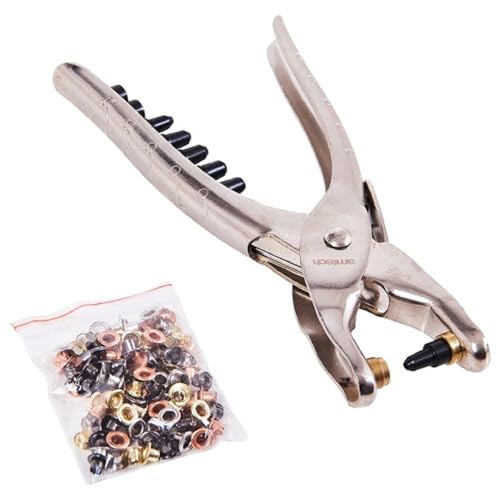 WedDecor Interchangeable Hole Punch & Eyelet Silver Plier With 5mm Eyelets 100pcs, For Making Hole Leathercraft, Belt, Strap, & Soft Cardboard, 6 Different Hole Sizes