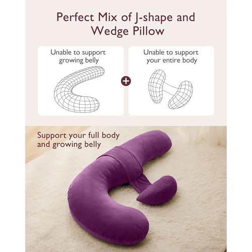 Image of J-Shaped Sleeping Pregnancy Pillow| Removable Velvet Covers| PregnoCare Fibres| Maternity, Nursing| Full Body Soft-Support Bump, Head, Back, Shoulder, Hips, Legs and Belly (Purple)