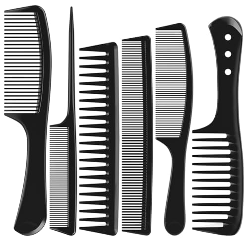 Kolavia 6 PCS Hair Comb Set Black, Durable Wide and Fine Tooth Rat Tail Hair Barber Comb for Women & Man, Professional Combs for Wet Curly Natural Hair Detangling Parting Teasing Styling & Cutting