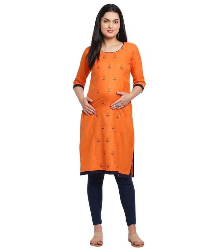 True Shape Maternity Kurti for Women | Embroidered Feeding A-line Kurta with Dual Nursing Zippers in Polyester for Pre & Post Pregnancy(TSE-141-XL, Orange)