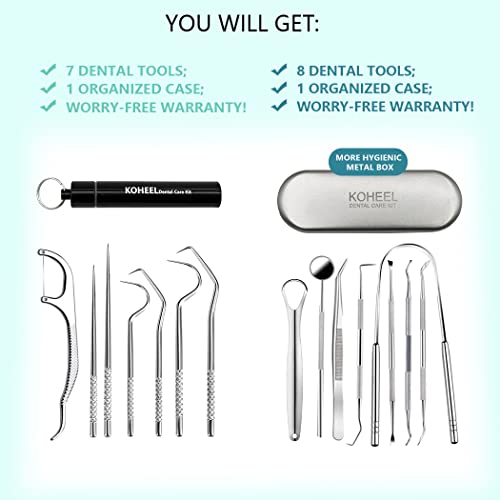 KOHEEL Dental Tools with Metal Case, Teeth Cleaning Tools Set, Remove Plaque, Oral Care Hygiene Kit & Toothpicks Pocket Set, Reusable Dental Floss Picks Kit, Tooth Picker (1 Pack)