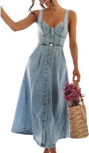 Damen-Jeans Kleid mit ärmellosem Knopf A-Linie mittellang schlankes mittellanges Kleid locker fließend kurzärmliges lässiges Jeans Kleid (Blau M)