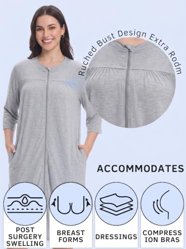 Image of Women's Post Surgery Robe with Drain Pockets Mastectomy Recovery Robe Front Zipper Hospital Gown Pajamas Gift