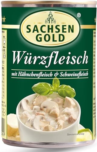 6x Sachsen Gold Würzfleisch mit Hähnchen- & Schweinefleisch 6×400g (2 4 kg) Klassische herzhafte Spezialität mit Champignons Schonend hergestellt