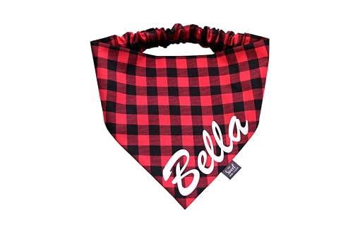 Personalized Buffalo Check Scrunchie Dog Bandana, Handmade Custom Red and Black Plaid Elastic Pet Bandana with Name, Festive Christmas Dog Bandana (Medium)