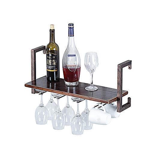 Industrial Wine Racks Wall Mounted with Stemware Racks with 4 Stem Glass Holder, 23.62" Rustic Metal Hanging Wine Holder. Wall Mounted Wine Rack, Retro Metal&Wood Shelves Home Decor Wall Shelf