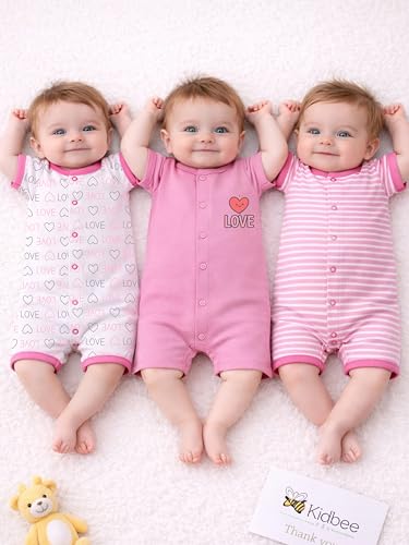 Image of Kidbee Infant Cotton Romper Set Pack of 3, Half Sleeve Front Open Bodysuit Jumpsuit for Baby Boys & Girls, 0-9 Months