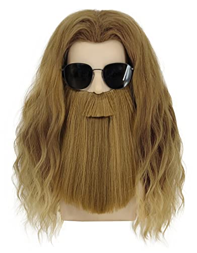 Juziviee Short Blonde Brown Wig with Mustache for Men Costume Wig Curly Wavy Wigs for Party JZ006
