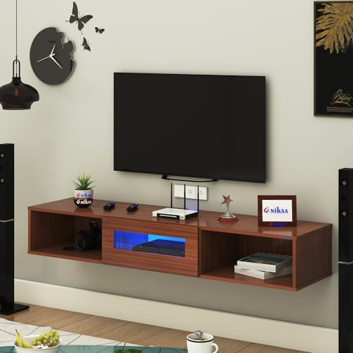 Image of Anikaa Novus Wall Mount Modern Floating TV Unit for Living Room with Open Shelf Storage Cabinet & Middle Cabinet Blue LED Light (Ideal for 32 to 65 inch TV, DIY Installation, Walnut Finish)