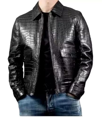 AG BISON Mens Real Leather Crocodile Embossed Jacket Biker Black Alligator Print Jacket (US, Alpha, XX-Large, Regular, Regular, BLACK)