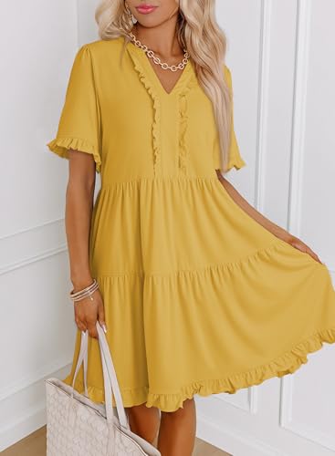 Image of Dokotoo Womens Summer Dresses 2026 V Neck A Line Short Sleeve Casual Ruffle Babydoll Mini Dress