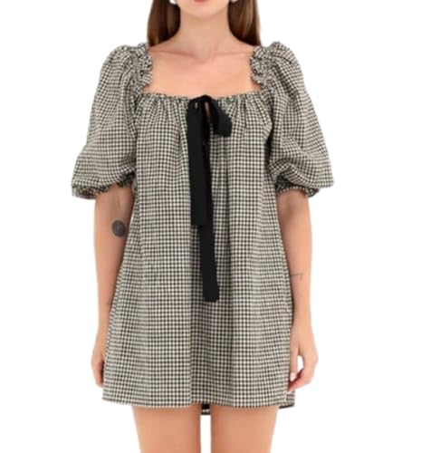 Faretumiya Women Cute Babydoll Mini Dress Y2k Square Neck Bow Tie Flowy Dress Fairy Sweet Puff Short Sleeve Sundress(Bow Black,Small)