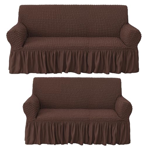 Image of House of Quirk Turkish Bubble Frill Five Seater 3 + 2 Sofa Slipcovers 280 GSM, Durable Washable Universal Triple Seater High Elastic Furniture Protector (Coffee)