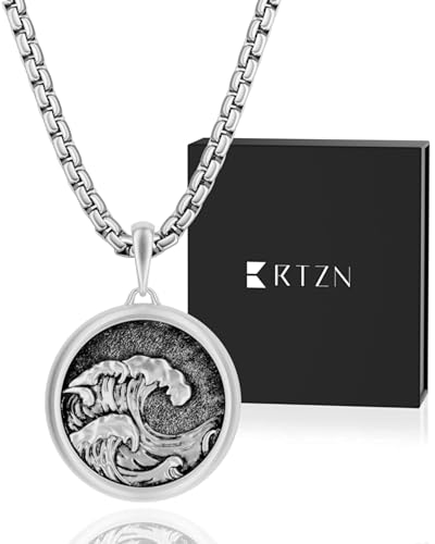 RTZN Ocean Wave Necklace Pendant for Men Premium Ocean Necklace with 22 Box Chain 316L Stainless Steel Waterproof & Non-Tarnish Surfer Necklaces for Men & Women