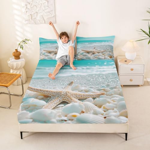 Image of jejeloiu Summer Beach Bed Sheets Set King Size Sea Bed Set for Kids Boys Girls Ocean Deep Pocket Fitted Sheet Starfish Breathable Soft Lightweight Microfiber