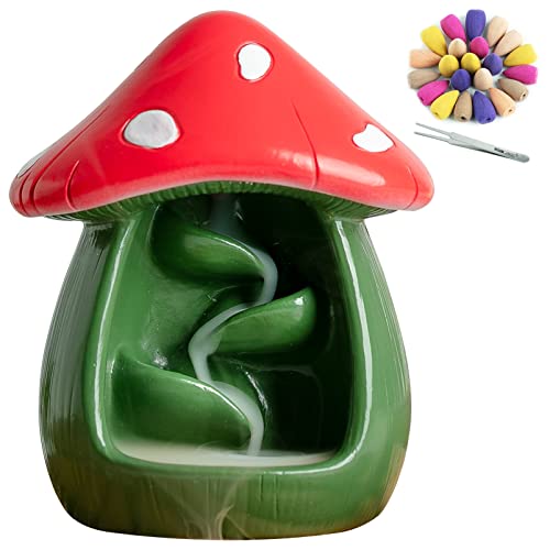 Cute Mushroom Incense Holder with 60 Incense Cones, Handmade Waterfall Backflow Incense Burner, Nature Theme Incense Burner, Adorable Home Decoration, Cottagecore Decor Accessories(Green)