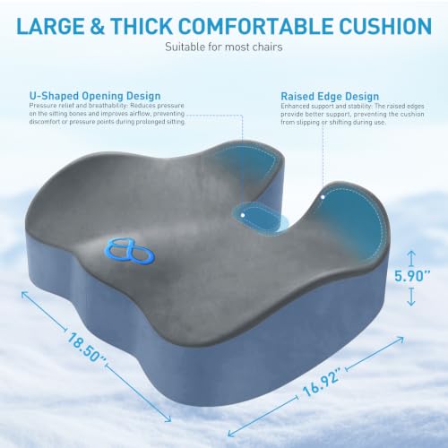 Image of BlissTrends Extra Thick Seat Cushion for Office Chair & Car Seat, Grey&Blue | Tailbone & Sciatica Relief, Ergonomic Support, High-Density Memory Foam, Comfort for Extended Sitting