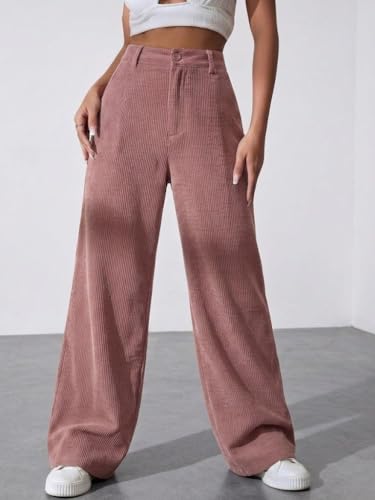 Image of SMOWKLY Women's Corduroy Mid Rise Wide Leg Korean Bottomwear with Pocket | Loose & Relaxed Fit Casual Baggy Trousers for Woman Elegant Workwear for Office, College & Events