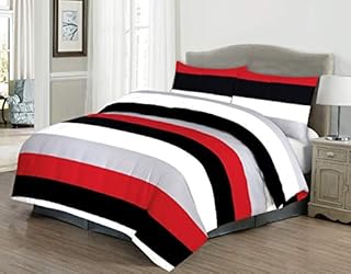 [hachette] STRIPE GREY WHITE RED BLACK DUVET COVER BEDDING BED SET WITH PILLOWCASES (King)