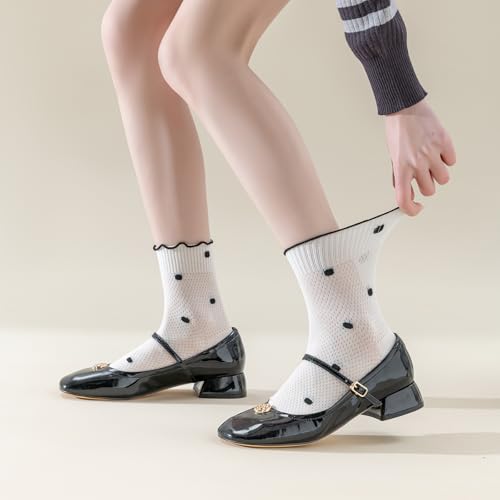 Mcool Mary Women's Ruffle Socks Thin Breathable Mesh Casual Cotton Frilly Cute Ankle Socks Polk dots Heart White Sock 6 Pack Size 5-93