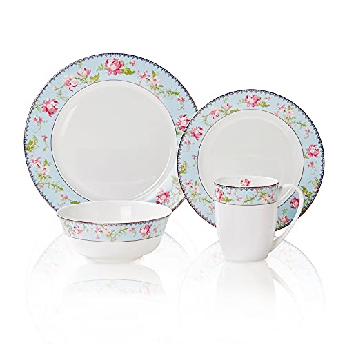 Upscale Floral Dinnerware Sets, Fine Bone China Dinnerware Sets, Over 45% Bone Content Dish Set, Elegant Tableware (Dinner Plate, Salad Plate, Cereal Bowl, Coffee Mug)
