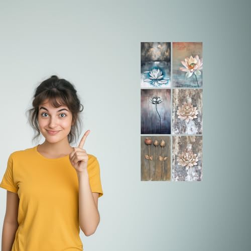 Image of SiddArtify Serene Lotus Flower Art Print Set - Teal Grey and Rose Gold - Set of 2-4x6 Inch - Board (Pack of 6) - Sticker (Pack of 6) Wall Room Decoration art Poster Prints