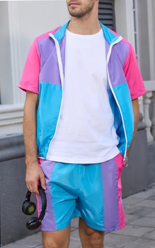 Yisfri Men's 80s 90s Outfit Vintage Windbreaker Jacket Track Suit Disco Outfits Workout Set2