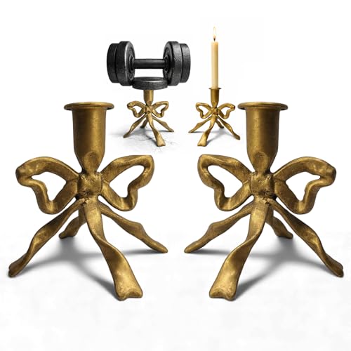 Heavy Cast Iron Dancing Bow Taper Candle Holders Ribbon-Inspired Sculptural Design Fits 7/8 Candlesticks Vintage Metal for Mantel Tabletop & Seasonal Decor (2 Brass)