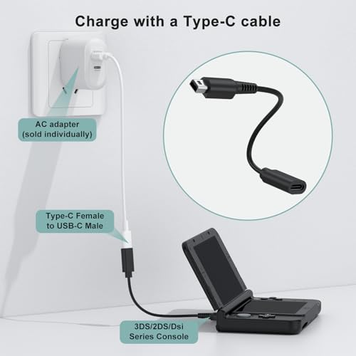 Image of Tobfit Dual Mode USB-C to 3DS /2DS /DSi Series Charging Cable: Support USB-A to C & USB-C to C Cable