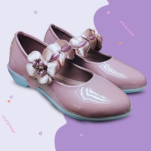 Image of Girls' Patent Mary Jane Shoes with Floral Embellishment, Attractive Colour's, Pearl Flower Welcro Bellies |DMND-3|