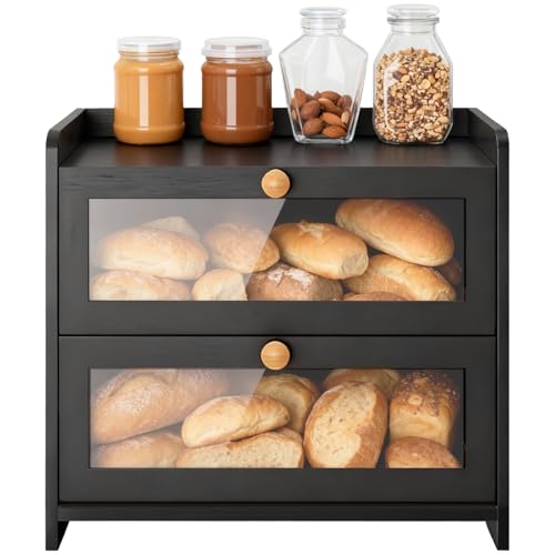 CHUNGG Wooden Bread Bin Double Multi-Functional Storage Large Capacity Corner Bread Box for Kitchen with Transparent Acrylic Window Simple Style Black