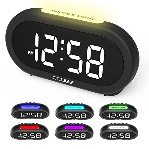 OCUBE Digital Alarm Clock with 7-Color Night Light, Beside Clocks Mains Powered with Dimmable Brightness, Adjustable Volume, 5 Alarm Sounds, USB Charging, Snooze, 12/24H, Electric Clock for Bedroom