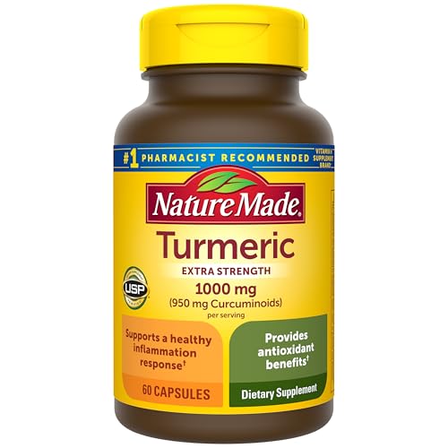 Nature Made Extra Strength Turmeric Curcumin with Black Pepper, 1000mg Turmeric Extract per serving (Standardized to 95% Curcuminoids), Supports Healthy Inflammation Response, 60 Vegetarian Capsules