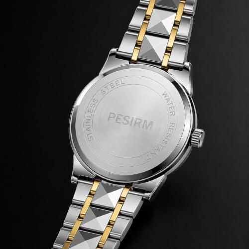 Image of Men's skeletonized quartz watch with black and gold two-tone stainless steel case, analog display, date display, water-resistant, luminous display, men's waterproof quartz watch. (Silver dial, silver strap)