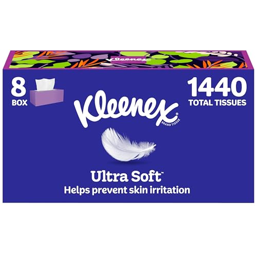 Kleenex Ultra Soft Facial Tissues, 8 Flat Boxes, 180 Tissues per Box, 3-Ply, Packaging May Vary