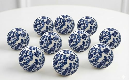 ARTISNO Lot de 10 boutons en céramique bleue faits à la main, pour meubles de cuisine, armoires de salle de bain, commode et buffet (Design b)