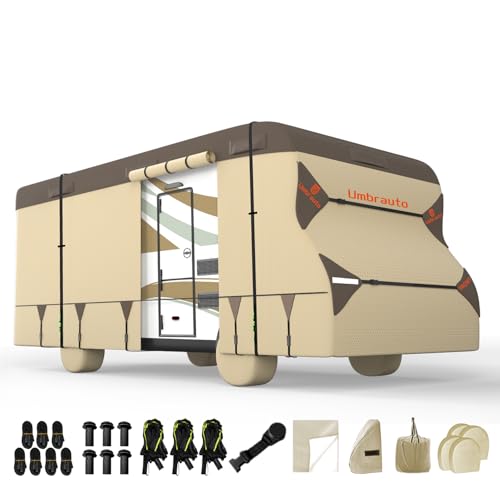 Umbrauto Class C RV Cover – 2025 Upgraded Heavy-Duty 7-Layer Top, Windproof & Breathable Class C Motorhome Cover for 23-26 Ft, Includes 3 Extra Straps, 4 Tire Covers & Gutter Covers