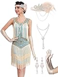 RRYIO 1920s Flapper Dresses for Women,Lace V Neck Great Gatsby Dresses Fringed Roaring 20s Dresses (Light Blue, M)