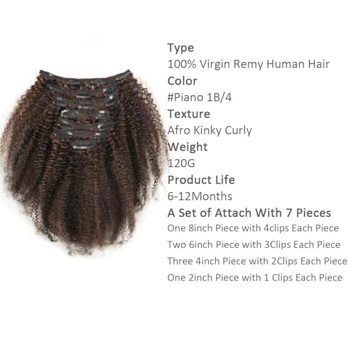 Lacer Clip in Hair Extensions Human Hair Afro Kinky Curly 4B 4C Remy Hair Clip in Extensions 16 Inch 8A Grade Thick Hair End Human Hair Extensions Full Head120g 7Pcs Color with 17 Clips/Set #P1B/4