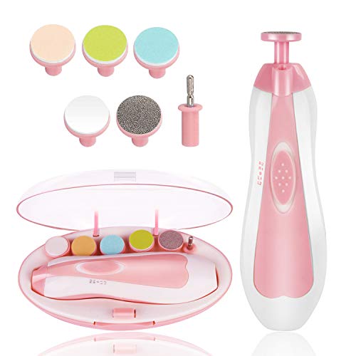 BelonLink Baby Nail File Electric Trimmer Safe Baby Nail Clippers Set Automatic Nail Cutter Kit for Newborn Toddler Toes Fingernails Care Polish, ABS Eco-friendly Material with 6 Grinding Heads (Pink)