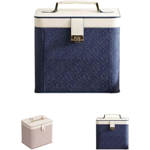 メイクボックス(コスメボックス) 鏡付き 大容量コスメ収納 可愛いコンパクトデザイン おしゃれバニティポーチ 持ち運び便利 (ピンク・完成品) (ブルー)