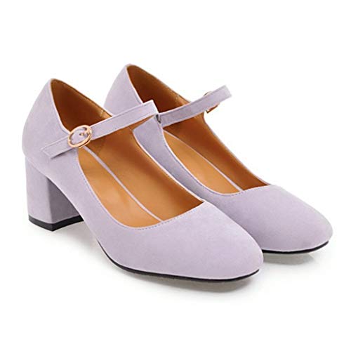 MIOKE Women's Square Toe Mary Jane Pumps Suede Buckle Strap Chunky Mid Block Heel Casual Office Dress Shoes2