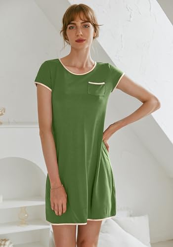 Image of Ekouaer Womens Nightgown Sleep Shirt Dress Satin Patchwork Short Sleeve Sleepwear with Pocket