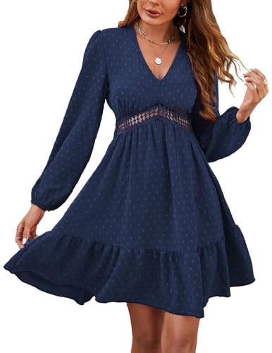 JENJON Mujer Vestidos Cuelle en V Manga Larga Cintura Alta Puntos Volantes Maxi Vestido Otoño Invierno C-Azul L