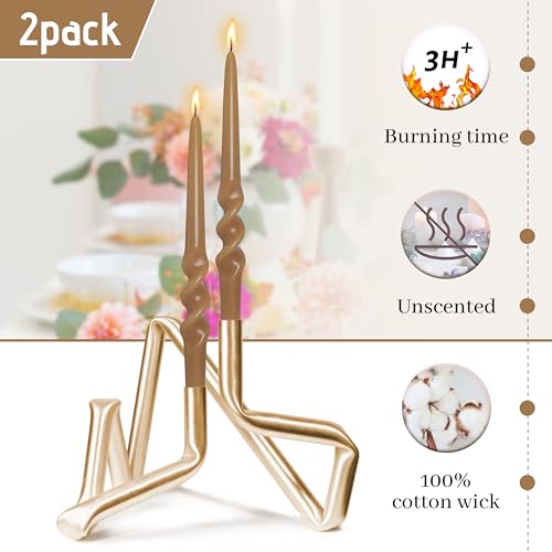 Image of Twisted Taper Candle Smokeless Brown Spiral Candlesticks 9.5 Inch Unscented Handmade Dinner Candles for Holiday Wedding Party Home Decoration Seasons 2 Pcs