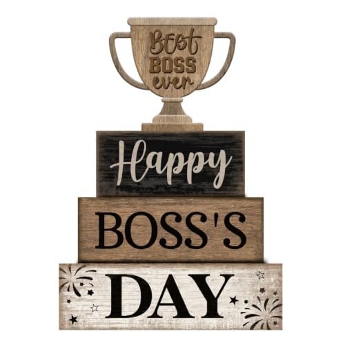 Image of Moucuny 4 Pcs Boss's Day Table Decoration Rustic Trophy Wooden Blocks Decor for Office Desk Best Boss Ever Celebration Centerpiece Ideal Boss Appreciation Gift for Office Celebration