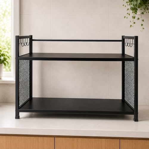 Image of Niyara Multipurpose 2-Tier Microwave Oven Stand Rack | Heavy Duty Metal Kitchen Storage Shelf Organizer with Side Hooks for Utensils, Jars & Appliances (Premium jaali stand)